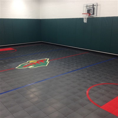 Indoor sports court with dark grey flooring, red markings, a central Wild logo and basketball hoop in Madison.